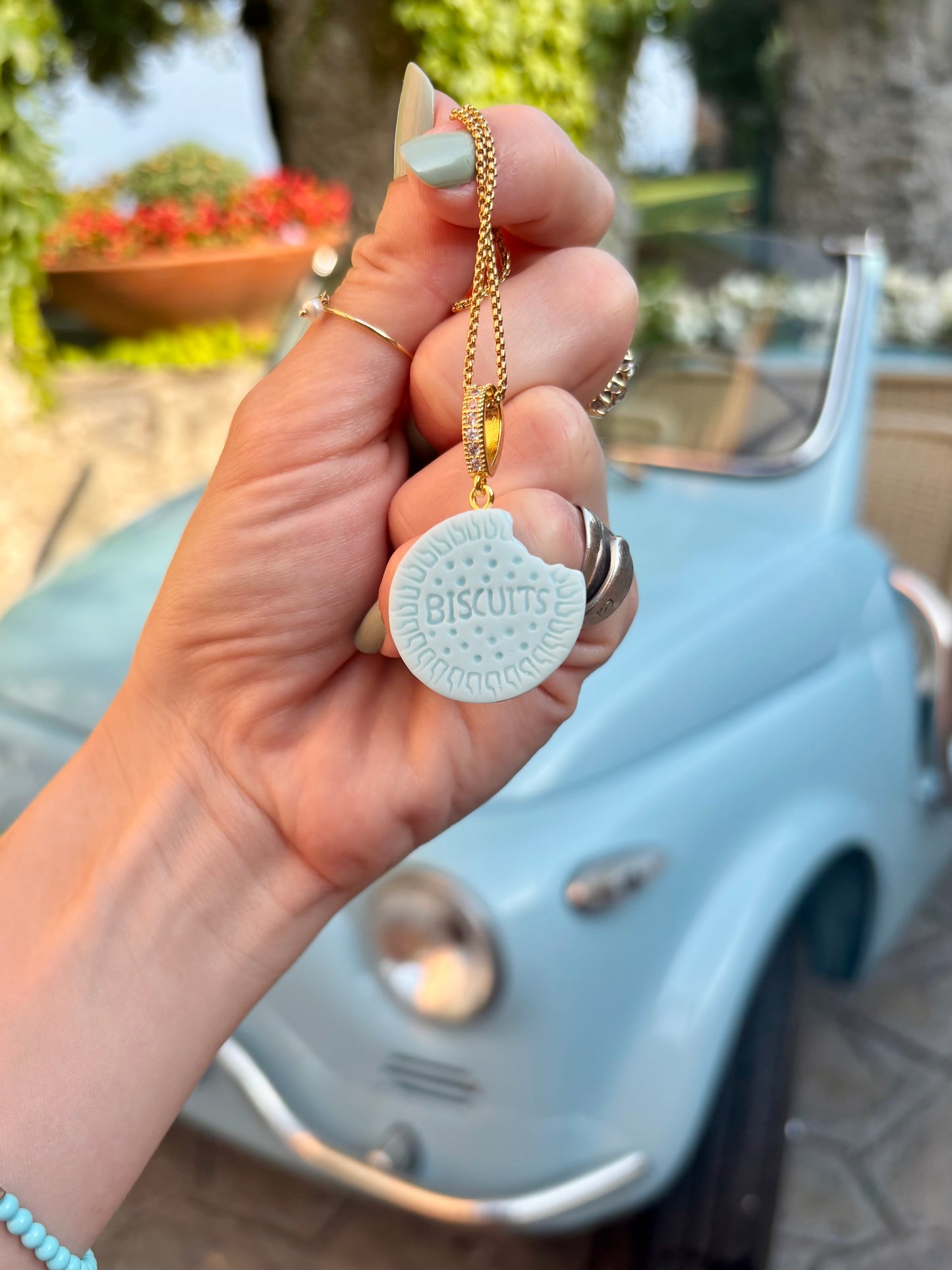 Nibbled Biscuit Pendant with Chain in Light Blue
