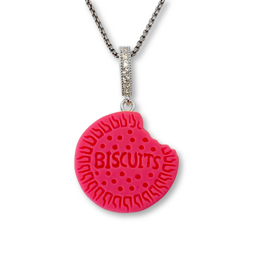 Nibbled Biscuit Pendant with Chain in Hot Pink