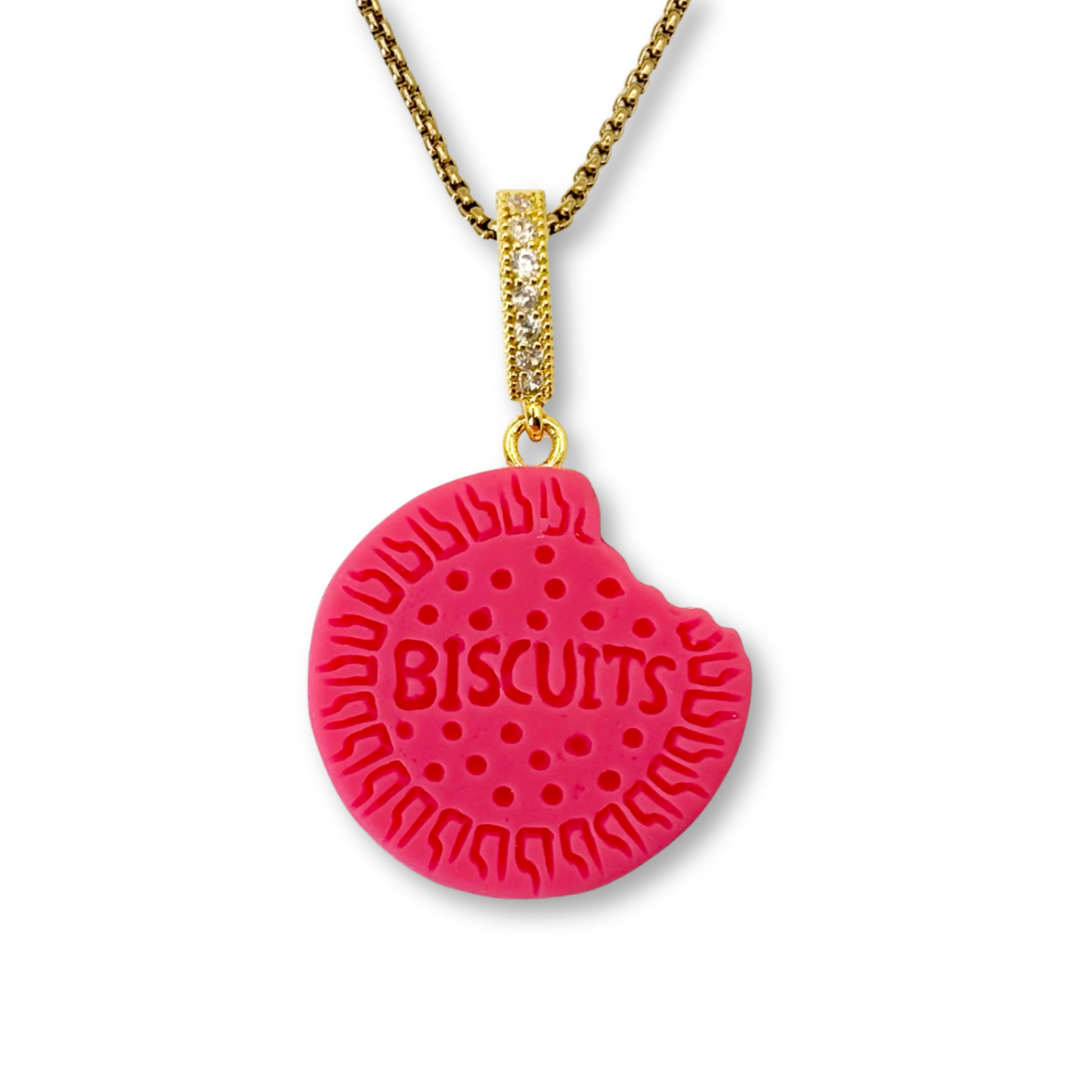 Nibbled Biscuit Pendant with Chain in Hot Pink