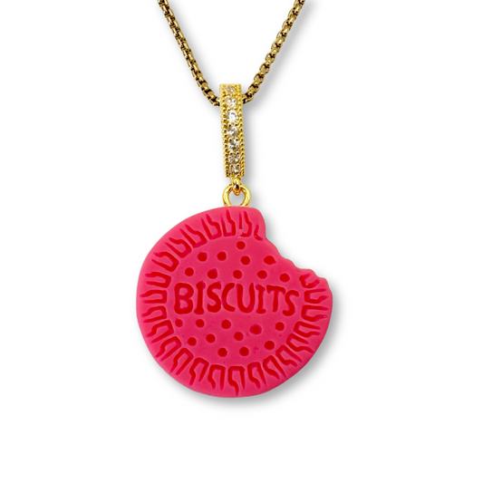 Nibbled Biscuit Pendant with Chain in Hot Pink