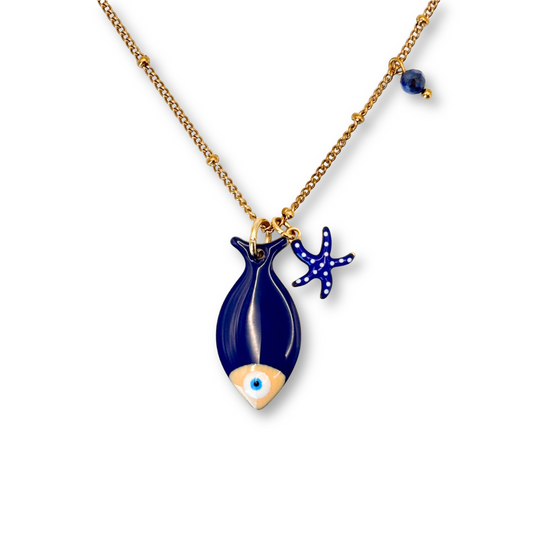 Flatfish & Starfish Pendant in Navy Blue