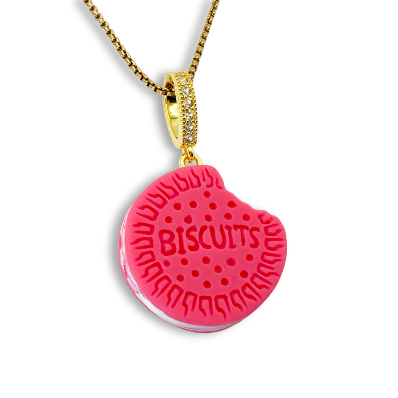 Nibbled Biscuit Pendant with Chain in Hot Pink