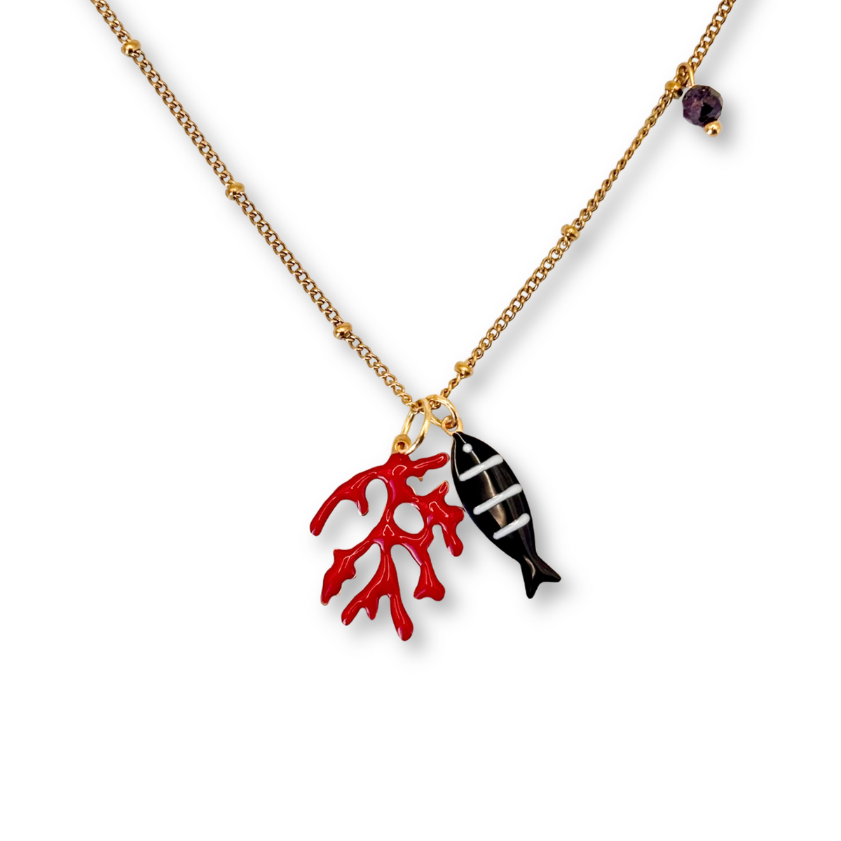 Red Coral and Black Fish Pendant with Garnet Charm