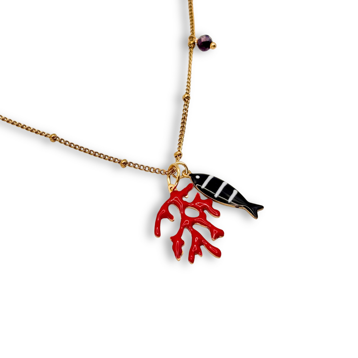 Red Coral and Black Fish Pendant with Garnet Charm